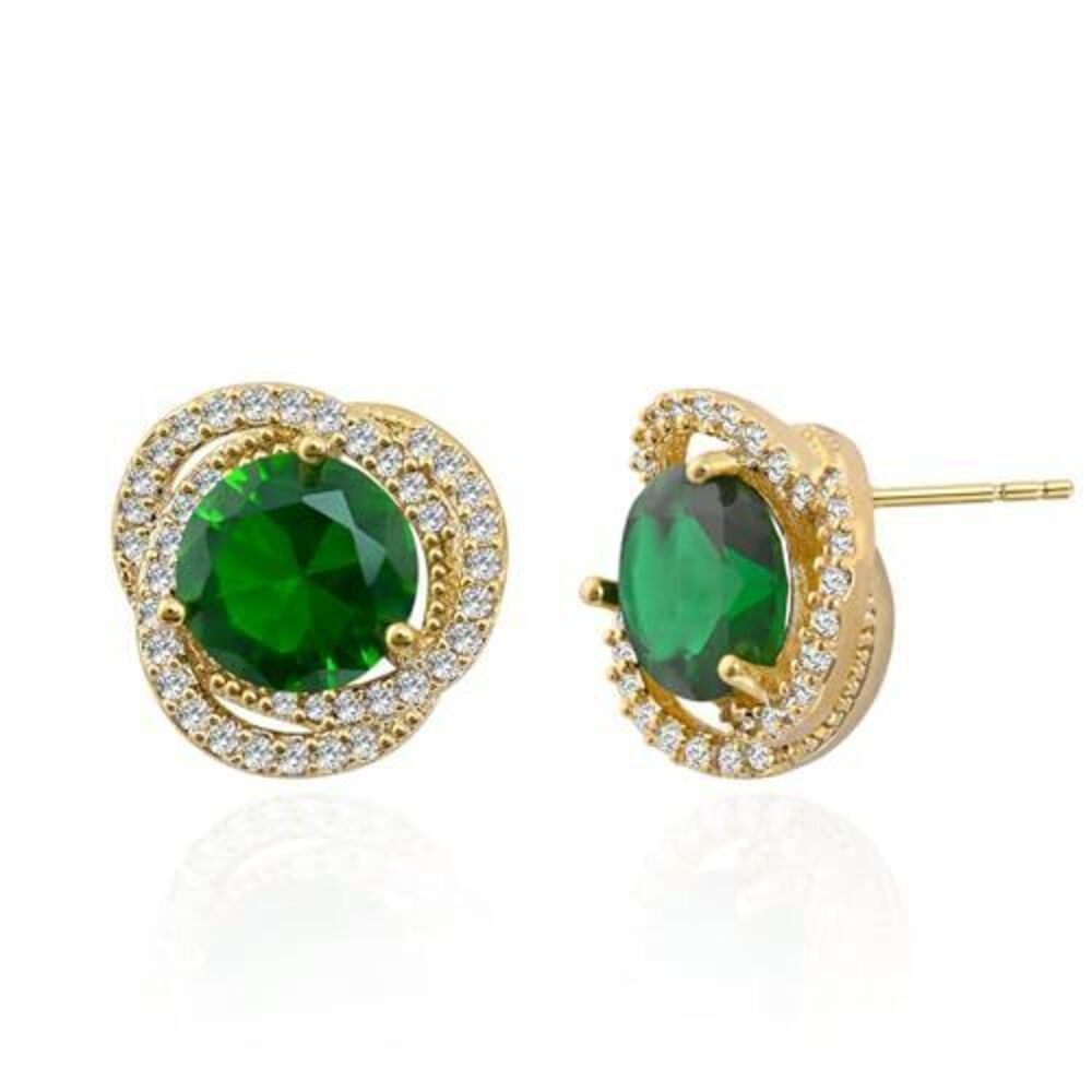 8827 18K Gold Plated Emerald Stud Earrings, Green Crystal with Cubic